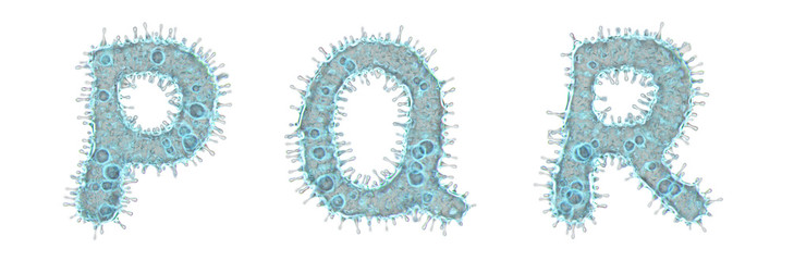 Set of letters made of virus isolated on white background. Capital letter P, Q, R. 3d rendering. Covid font