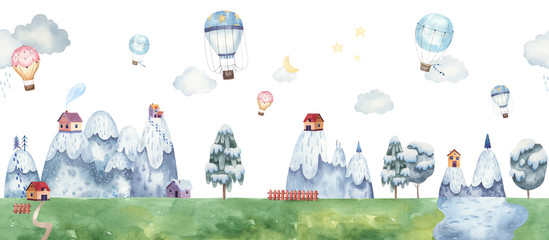border seamless pattern childrens illustration with balloons, mountain landscape, trees, forest, houses in the mountains, clouds, watercolor illustration pastel gentle colors