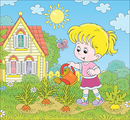 Smiling little girl watering carrots in her small kitchen garden in front of a house on a sunny summer day, vector illustration in a cartoon style