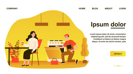 Repair man working on broken oven. Woman drinking tea in kitchen flat vector illustration. Home appliance, service call, housekeeping concept for banner, website design or landing web page
