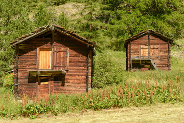 Two rural chalet on the country over Zermatt in the Swiss alps