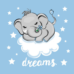 Vector illustration of a sleeping elephant on a cloud, stars and the inscription dreams on a blue background for children