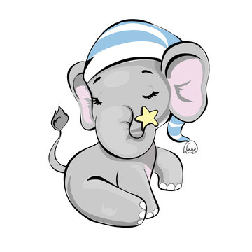 Vector illustration with cute elephant in a blue hat for sleeping on a white background for children. Newborn concept