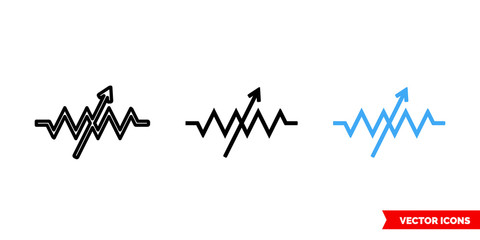 Variable resistor symbol icon of 3 types color, black and white, outline. Isolated vector sign symbol.