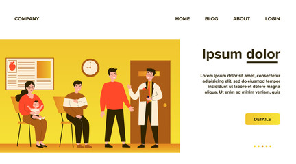 Queue of patient sitting at therapist office in clinic. People visiting medical practitioner for examination in hospital. Vector illustration for doctor, healthcare, medicine, health concept