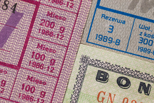 Food stamps and a voucher from the period of the Polish People's Republic