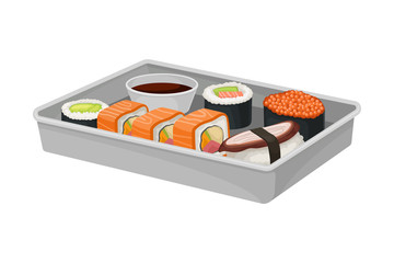 Maki or Sushi with Salmon and Soy Sauce as Seafood Dish Vector Illustration