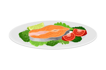 Salmon Steak with Leafy Vegetables as Seafood Dish Vector Illustration