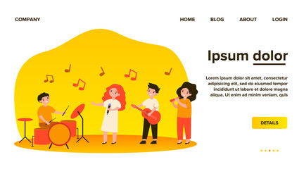 School musician band. Cute children with musical instruments playing and singer playing at party or festival. Vector illustration for talent show, kids orchestra, teenagers, concert concept