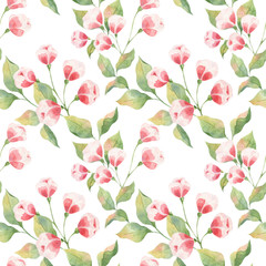 Seamless watercolor pattern with green leaves and pink buds on a white background. Delicate colors, Apple twigs and buds. Print for fabrics, curtains, wedding decoration, clothing.