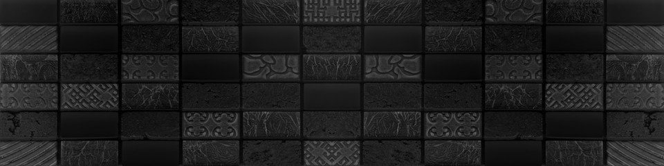 Black anthracite dark concrete stone cement vintage retro geometric rectangle mosaic motif tiles texture background banner
