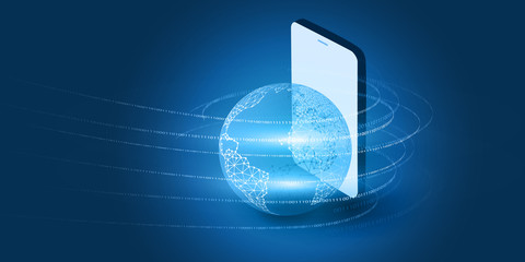 Abstract Blue Minimal Style Cloud Computing, Networks, Telecommunications Concept Design with Glowing Lines of Binary Code, Mobile Phone and Earth Globe - Vector Illustration