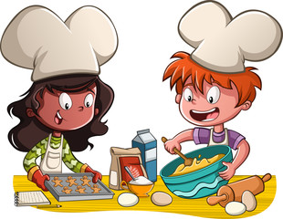 Cartoon chefs cooking. Kids baking cookies in the kitchen.

