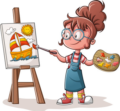 Cartoon girl painting a boat on canvas