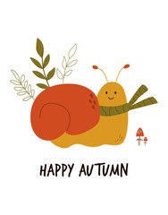Funny smiling snail in scarf. Autumn vibes.