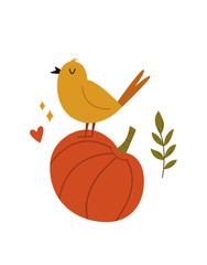 Cute bird singing on a pumpkin, Autumn vibes, vector illustration,