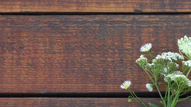 Closeup top view 4k video footage of brown painted old weathered texture of wooden table with sweet small valley flowers laying in corner of frame. Abstract backdrop with empty copy space.