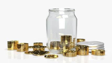 Glass jars with coins for saving content 3d rendering