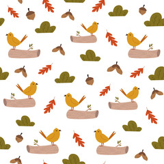 Cute seamless pattern with bright birds and forest treasures. Autumn motives, vibes