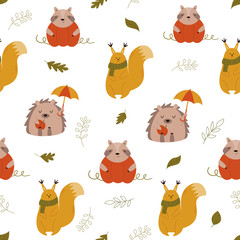 Cute seamless pattern with funny forest animals