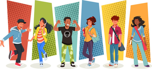 Group of cartoon young people. Teenagers. - obrazy, fototapety, plakaty
