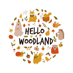 Hello autumn decorative art with cute forest animals and fall symbols. Vector illustration