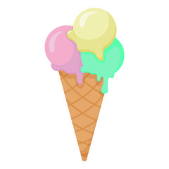 Tasty colorful ice cream cone on white background. Melting yellow, mint and pink ice cream balls in cartoon style. Vector illustration