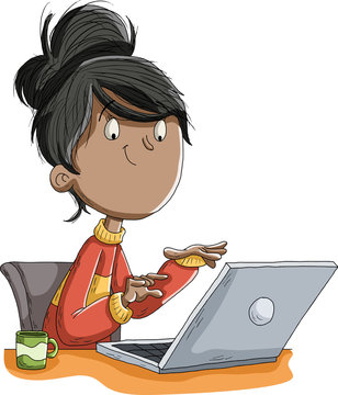 Cartoon girl working with computer. Using laptop.