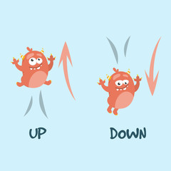 Learning preposition up and down vector isolated. Chilidish drawing with alien. English words learning with cute character.