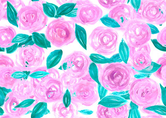 A seamless pattern of watercolor pink roses with green leaves. - 371438294