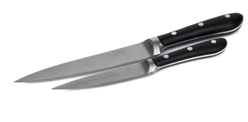 New sharp metal knife on white background