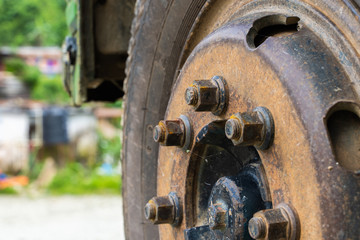Close up photo of bus or truck front wheel