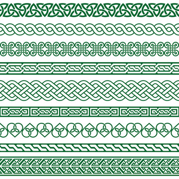 Celtic vector seamless border pattern collection in green, Irish braided frame designs for greeting cards, St Patrick's Day celebration
