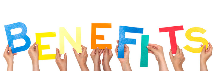 forming word Benefits concept with people holding colorful alphabets
