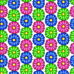 Fototapeta na wymiar Summer flower. An endlessly repeating ornament. Isolated colorless background. Cartoon style. Seamless vector pattern. Idea for web design, wallpaper, cover, packaging. Daisy. Bright floral background
