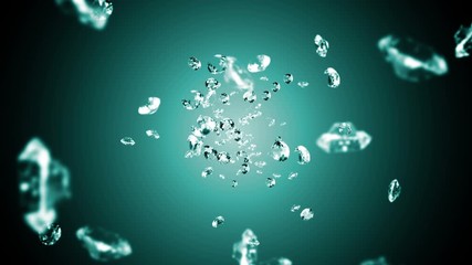 Flying many jewelry diamonds on emerald green background. Shine transparent, Precious gem. 3D animation of brilliant diamond rotating. Loop animation. - Powered by Adobe