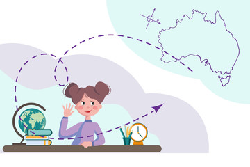 A teenage girl is studying at school sitting at a Desk. An elementary school student doing homework online at home