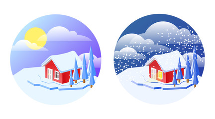 Vector illustration of 2 different winter weather. Sun and storm isolated on white.