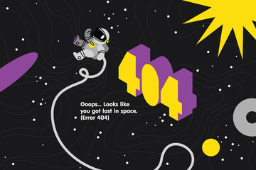 404 error page alert. Web page background with astronaut lost in space