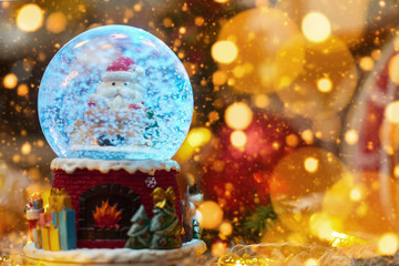 postcard ,christmas ball with snow and santa claus and toys, bokeh, flatley, copyspace