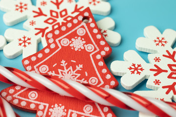 Christmas tree with pattern top view on blue background. New Year design concept