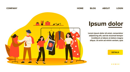 Shop sellers and assistance hanging clothes and price tags on racks. Main master designer dressing mannequin. Vector illustration for boutique, fashion house, industry, clothing design concept