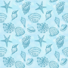 Watercolor hand drawn artistic colorful undersea ocean life seamless monochrome pattern