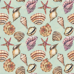 Watercolor hand drawn artistic colorful undersea ocean life seamless color pattern