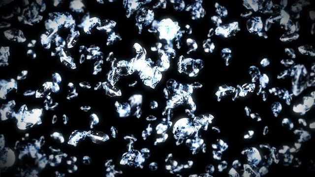 Flying many jewelry diamonds on black background. Shine transparent, Precious gem. 3D animation of brilliant diamonds rotating. Loop animation.