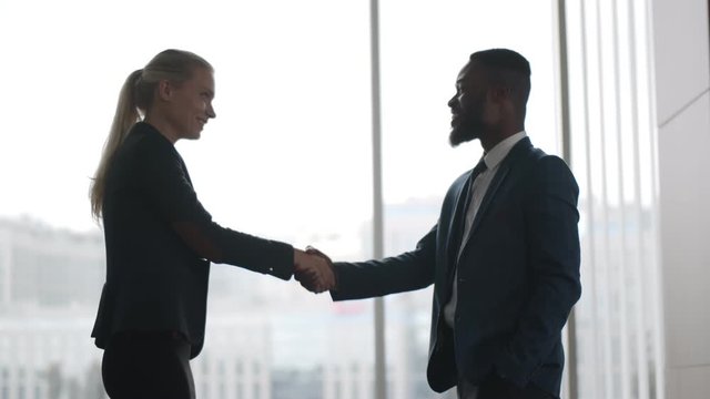Side view of diverse business partners shaking hands in agreement standing in office hall