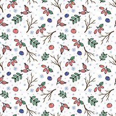 Christmas seamless pattern with snowflakes and berries on white background. Vector illustration