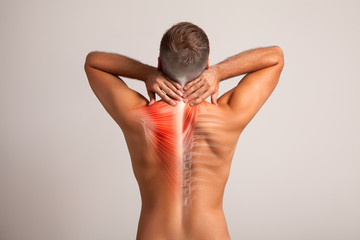 Mens back, neck pain muscle and bone, spine injury - obrazy, fototapety, plakaty