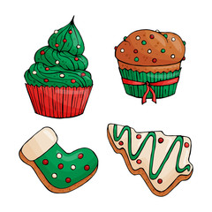 Hand drawn Christmas deserts isolated on white background. New year gingerbread, cakes. Vector illustration.