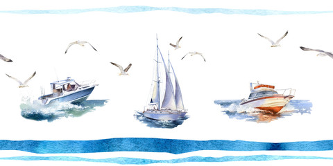Picturesque seamless border pattern of speedboats, yacht, seagulls and blue stripes hand drawn in watercolor isolated on a white background. Watercolor seamless border. 5000x2500px